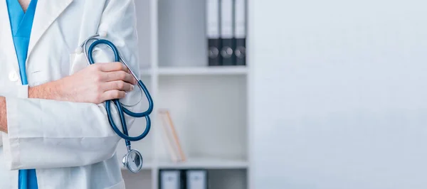 Mãos Médico Com Estetoscópio Espaço Cópia — Fotografia de Stock