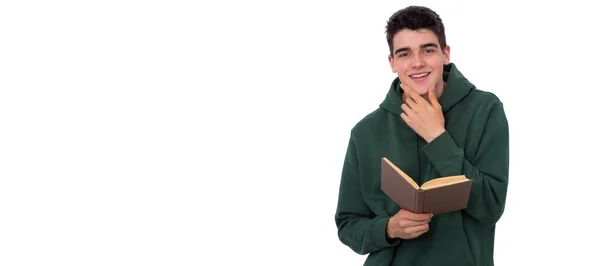 Menino Isolado Com Livro Sobre Fundo Branco — Fotografia de Stock