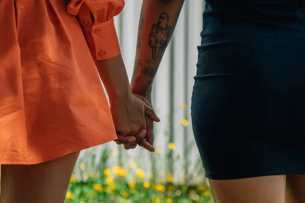 Dettaglio Delle Mani Abbracciate Una Coppia Lesbica — Foto Stock