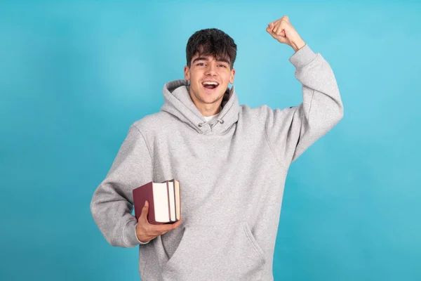 Estudante Com Livros Isolados Expressão Sucesso — Fotografia de Stock