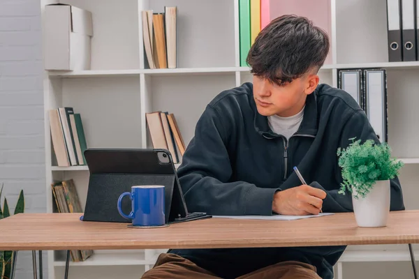 Student Home Working Studying Desk Computer Tablet — Stock Photo, Image