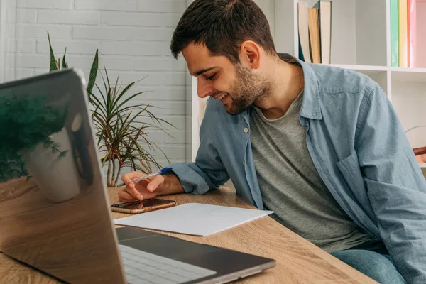 Man Working Home Computer Mobile Phone — Stock Photo, Image