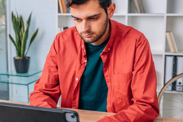 Young Man Student Home Computer Working Studying — Stock Photo, Image