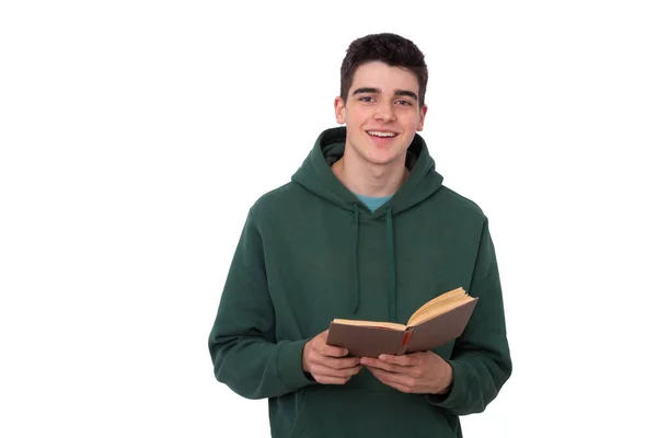 Casual Stijl Tiener Student Met Boek Geïsoleerd Witte Achtergrond — Stockfoto