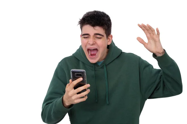 Isolated Teenage Boy Screaming Mobile Phone — Stock Photo, Image