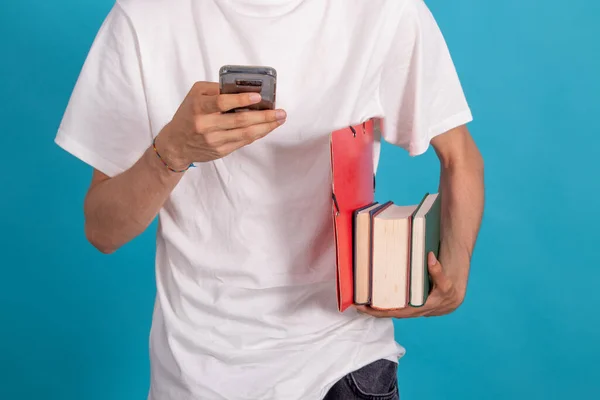 Mãos Estudantis Isoladas Com Telefone Celular Livros — Fotografia de Stock