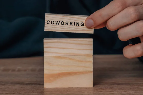 Hand Placing Piece Wood Coworking Concept — Stockfoto