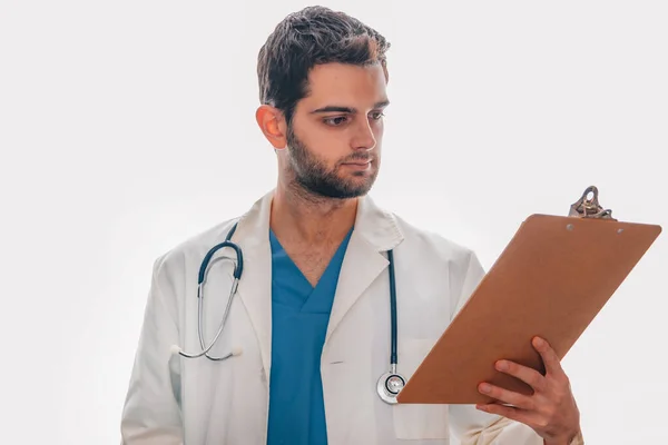 Attractive Isolated Young Doctor Folder — Stock Photo, Image