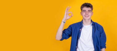 Tamam ya da onay işareti olan izole genç bir adam.