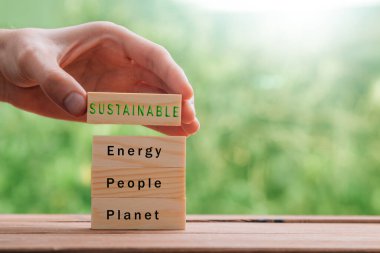 hand with wooden pieces of sustainable concept