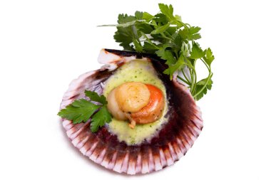 Kabuklu yeşil soslu ızgara deniz tarağı.