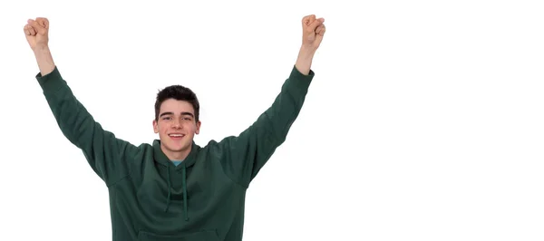 Απομονωμένο Έφηβος Αγόρι Γιορτάζει Την Επιτυχία Υψωμένα Χέρια — Φωτογραφία Αρχείου