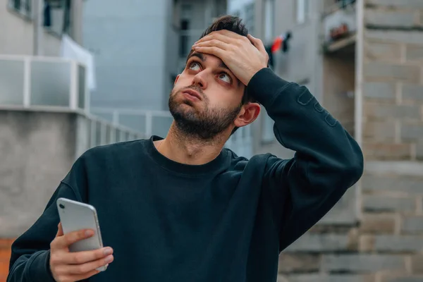 Young Man Mobile Phone Expression Stress — Foto Stock