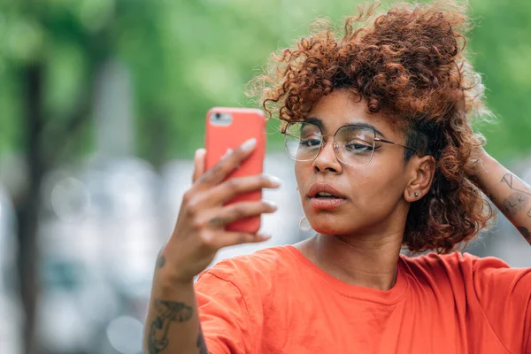 African American Influencer Recording Taking Photo Mobile Phone Outdoors — 스톡 사진