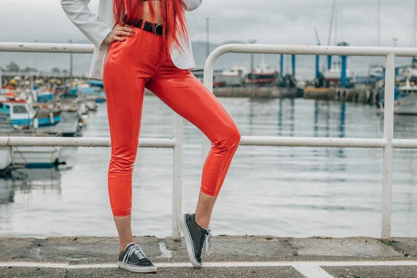 Legs Girl Red Leather Pants Unrecognizable — 스톡 사진