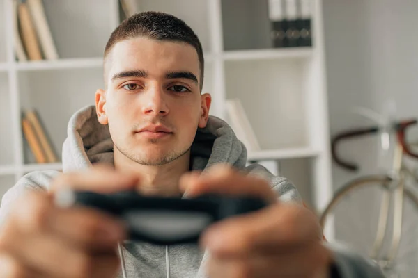 Young Man Playing Video Game Controller — Photo