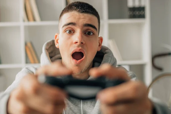 Young Man Playing Video Game Controller — Photo