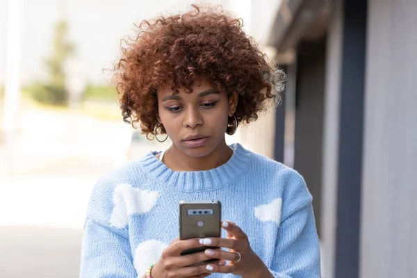 African American Girl Looking Mobile Phone Street — Foto de Stock
