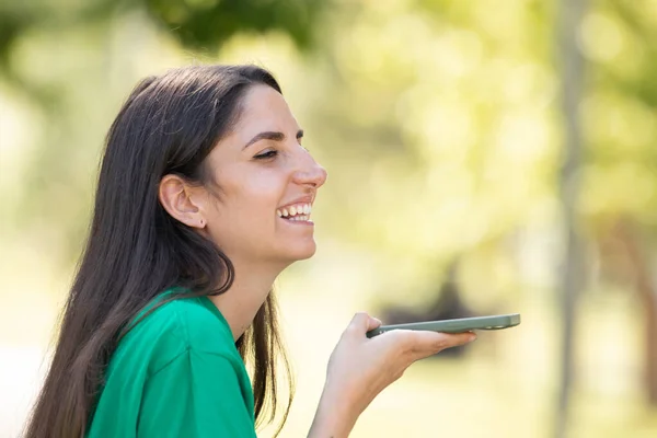 Smiling Girl Woman Sending Voice Message — Fotografia de Stock