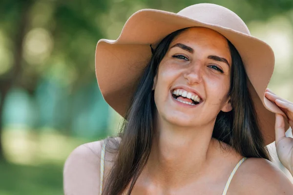 Portrait Girl Hat Smiling Outdoors Summer — Foto Stock