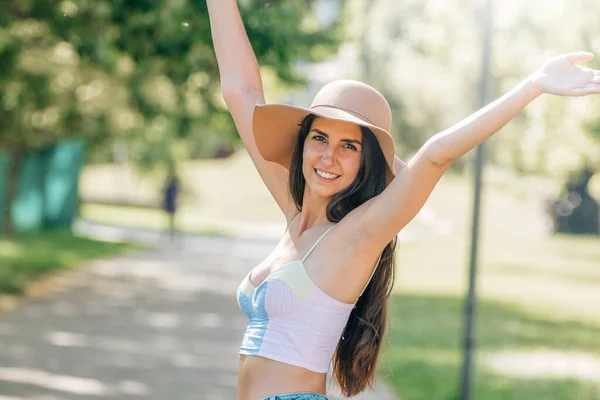 Happy Girl Raised Arms Hat Summer Outdoors — Foto Stock
