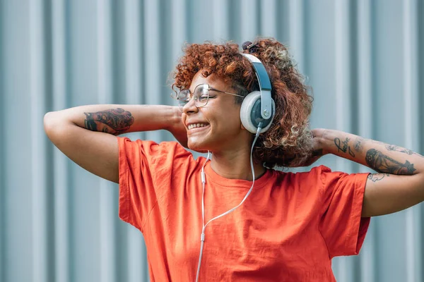 African American Girl Headphones Street Listening Music Happy — ストック写真