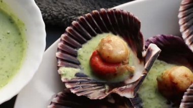 grilled scallops in green sauce, food