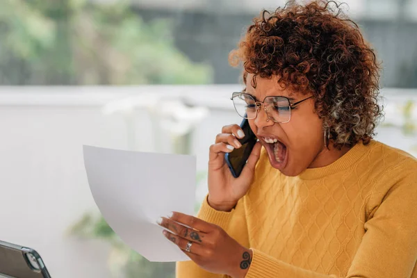 Angry Young Woman Claiming Bill Phone — Stok fotoğraf