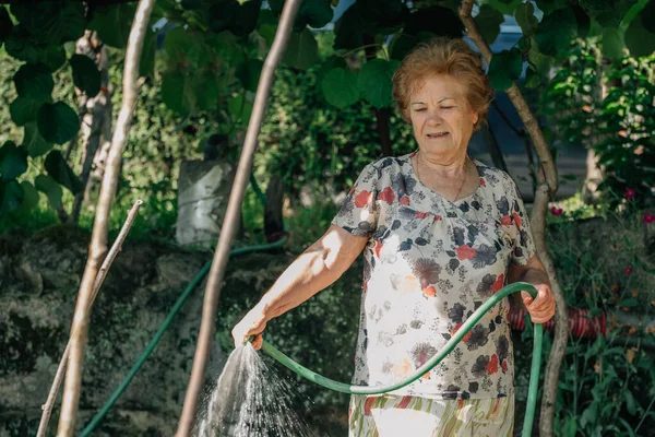 Senior Woman Summer Watering Vegetable Garden — Stock Fotó