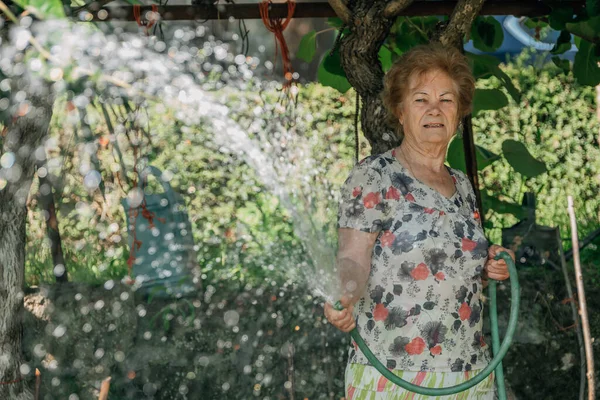 Senior Woman Hose Watering Vegetable Garden — Stockfoto