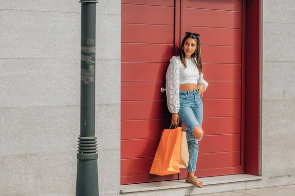 Young Latin Girl Street Shopping Bags — Fotografia de Stock