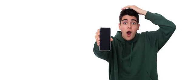 Jovem Isolado Com Telefone Celular Expressão Espanto — Fotografia de Stock