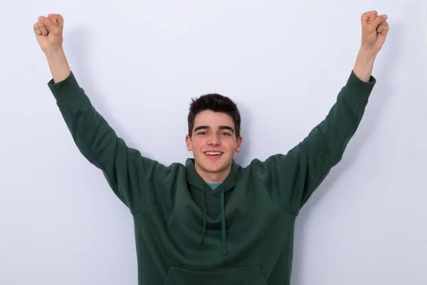 Isolated Teen Boy Celebrating Success Raised Arms — 스톡 사진