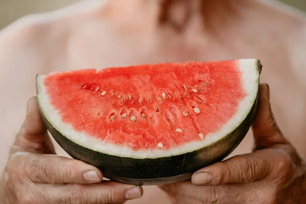 Senior Man Summer Fresh Watermelon Fruit — Stock Photo, Image