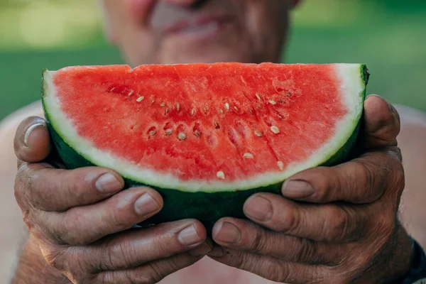 Senior Man Summer Fresh Watermelon Fruit — Stock Photo, Image