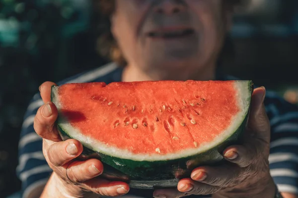 Senior Woman Hands Watermelon — Stock Photo, Image