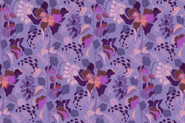 Çiçeksiz vektör deseni. Mor arka planda çiçekler, otlar ve böğürtlenler.