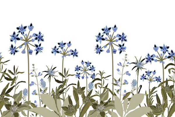 Vektor pola bunga mulus, perbatasan dengan bunga biru dan daun beige, herbal. - Stok Vektor