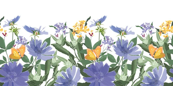 Pola vektor bunga mulus, perbatasan. Biru chicory, kupu-kupu kuning, batang hijau dan daun. - Stok Vektor