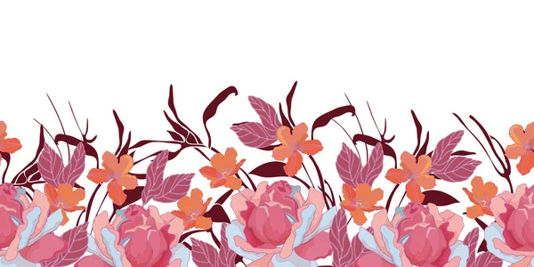 Padrão sem emenda vetorial floral, borda. Flores cor de rosa, azul, laranja —  Vetores de Stock