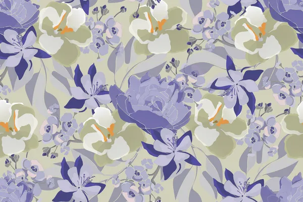 Modèle sans couture vecteur floral. Bleu, pivoine couleur olive, alto, columbine. — Image vectorielle