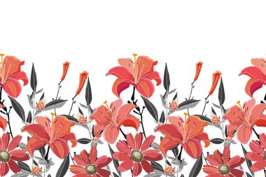 Beyaz arka planda izole edilmiş vektör çiçekleri, tomurcuklar, yapraklar ve otlar.