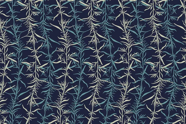 Motif floral vectoriel sans couture. Brindilles et feuilles beige turquoise sur fond bleu foncé. — Image vectorielle
