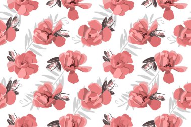 Çiçeksiz vektör deseni. Kırmızı, mercan rengi çiçekler ve gri dallı ve yapraklı taç yaprakları..