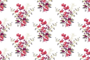 Çiçeksiz vektör deseni. Mor ve zeytin yapraklı ve dallı mercan renkli çiçeklerin tekrarlanan buketleri..