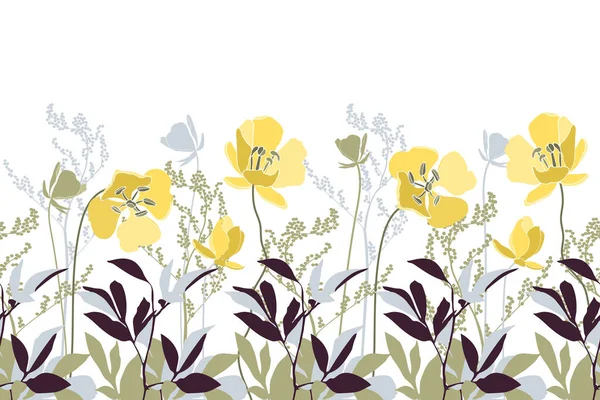 Padrão sem costura floral vetorial, fronteira. Flores amarelas bonitas e pétalas com galhos roxo-marrom e folhas isoladas em um fundo branco. —  Vetores de Stock