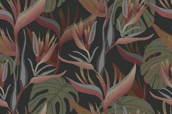 热带病媒植物无缝模式。在黑暗背景下隔离的Monstera和heliconia. — 图库矢量图片