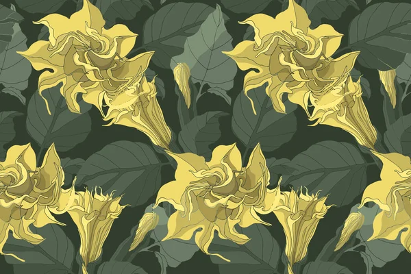 Patrón sin costura floral vectorial. Datura flores amarillas con brotes y hojas verdes. — Vector de stock