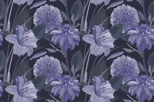 Fond floral vectoriel sans couture avec dahlias et lis. Motif avec des fleurs violettes et des feuilles sur un fond sombre. — Image vectorielle