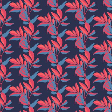 Çiçeksiz vektör deseni. Gök mavisi ve mercan renkli dallar ve yapraklar koyu mavi bir arkaplanda izole edilmiş.. 